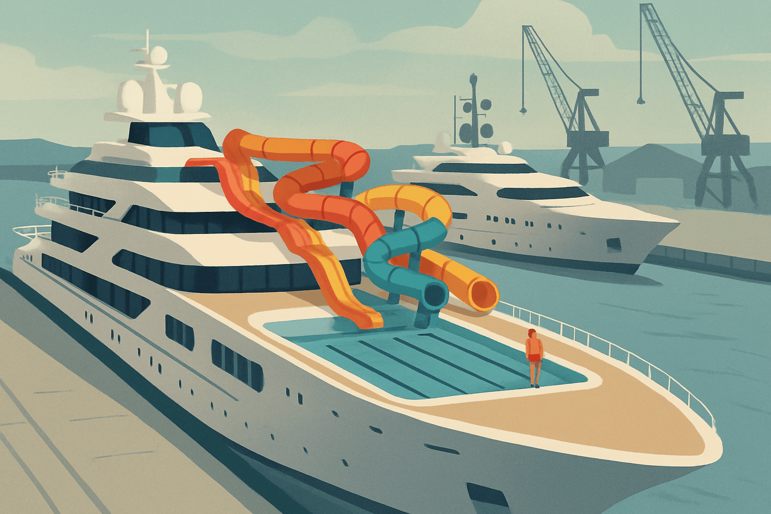 AI-generated illustration accompanying the story: Photos show luxury boat with 50m pool and water slides near Kim Jong Un's summer retreat