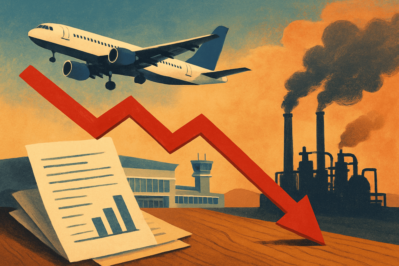 AI-generated illustration accompanying the story: United Airlines lowers 2026 profit outlook as fuel costs rise, while bookings hold up