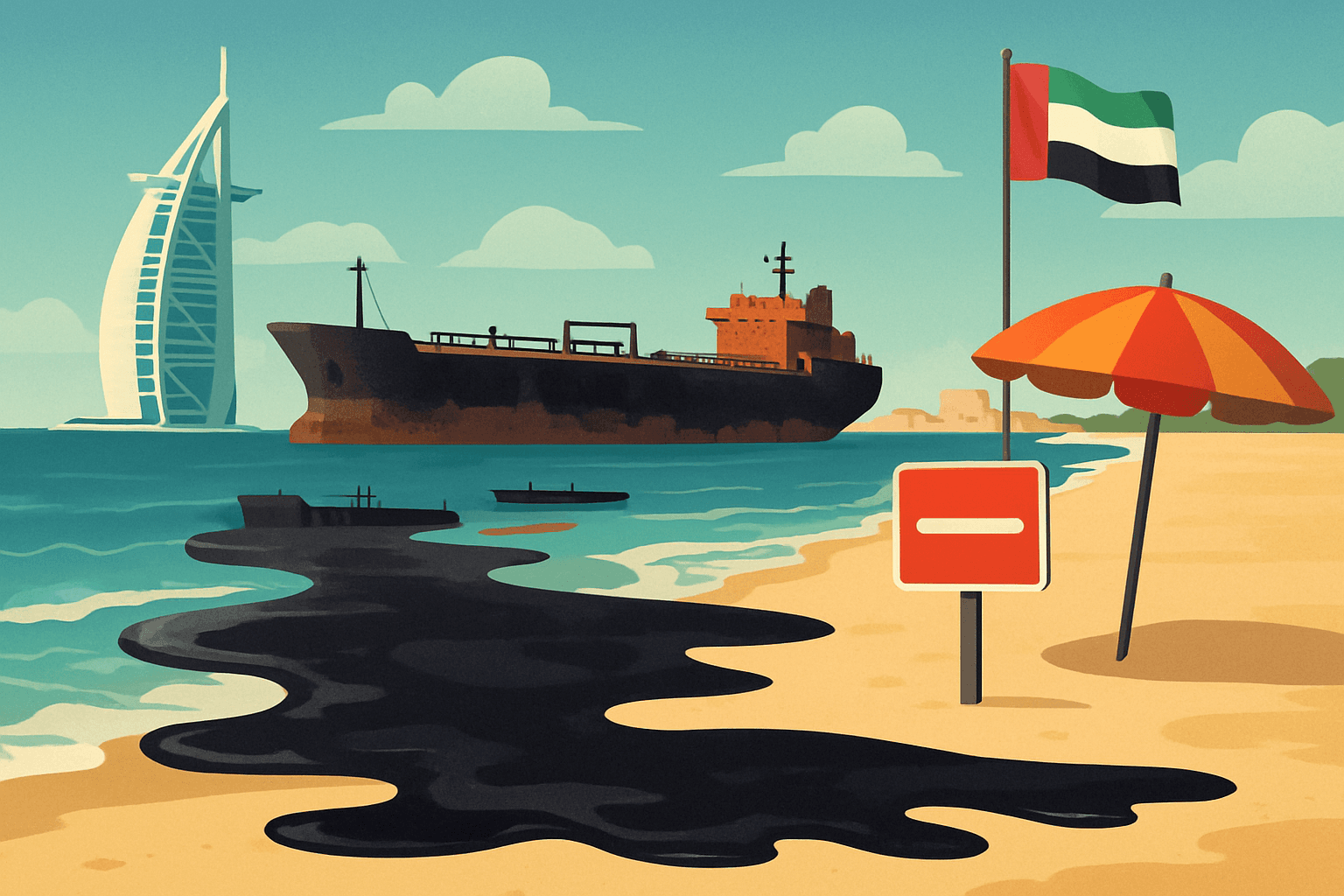 AI-generated illustration accompanying the story: Oil spill washes up on UAE beaches after tanker strike