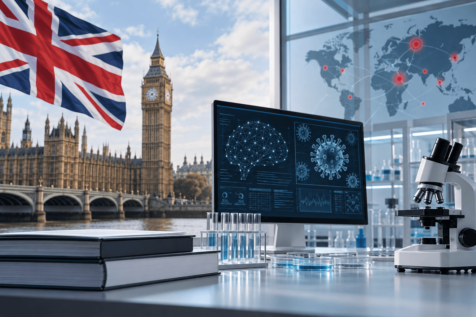 AI-generated illustration accompanying the story: UK commits £100 million to an AI biosecurity lab