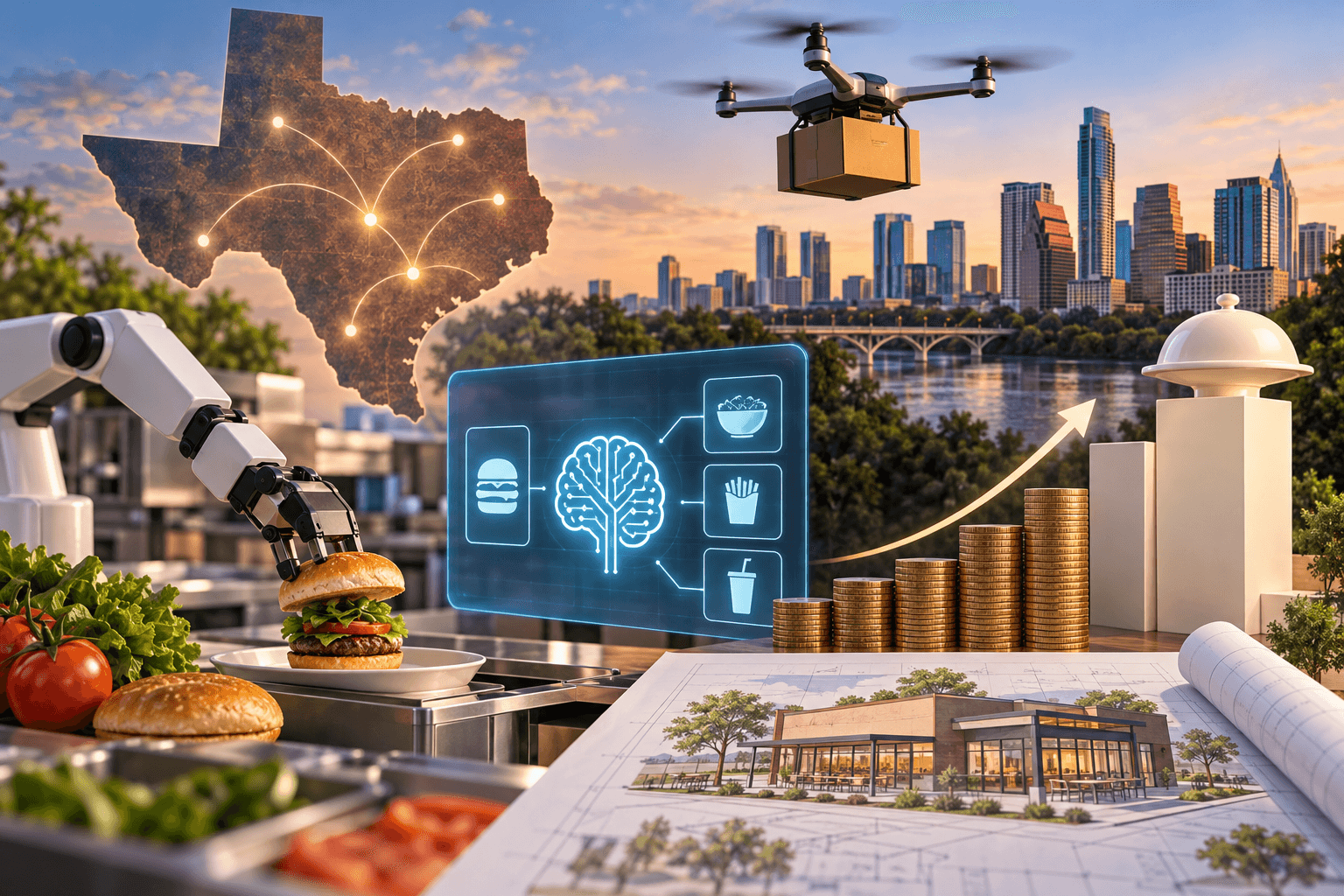 AI-generated illustration accompanying the story: Wonder maps Texas expansion and AI restaurant tools ahead of possible IPO
