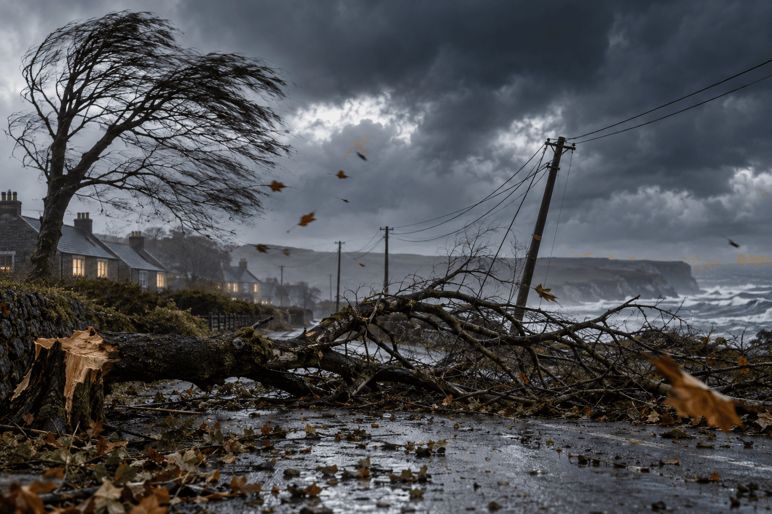 AI-generated illustration accompanying the story: Storm Boelo leaves 90,000 without power as Met Office issues new wind warning