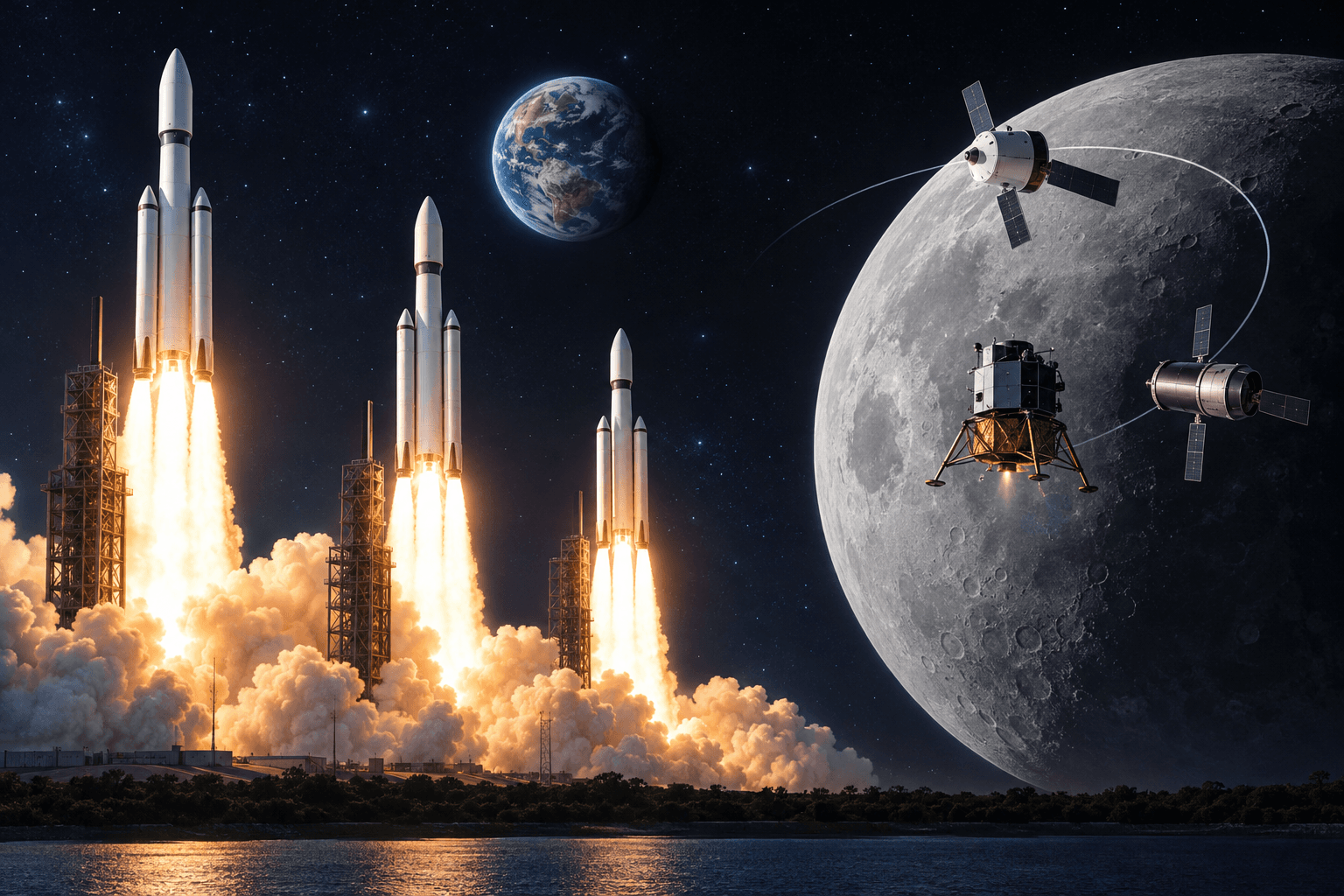 AI-generated illustration accompanying the story: NASA’s Artemis III plan calls for three rockets before a future lunar landing