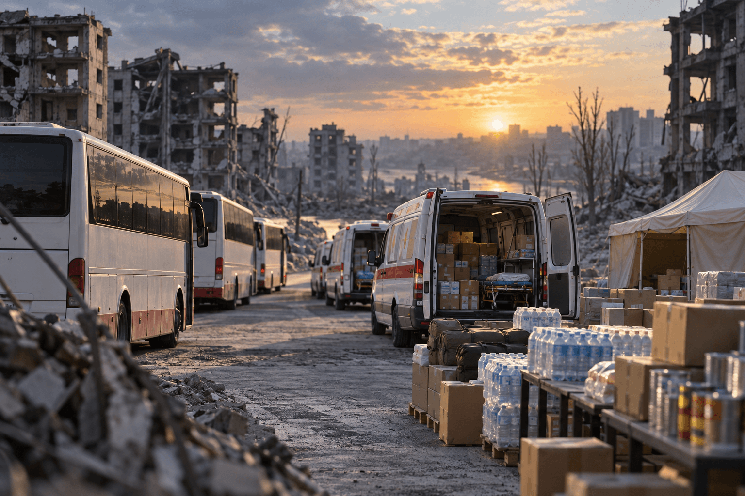 AI-generated illustration accompanying the story: Aid mission reaches Oleshky as residents are offered routes out