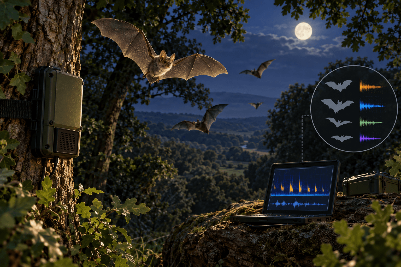 AI-generated illustration accompanying the story: AI-assisted survey builds a clearer picture of England’s woodland bats