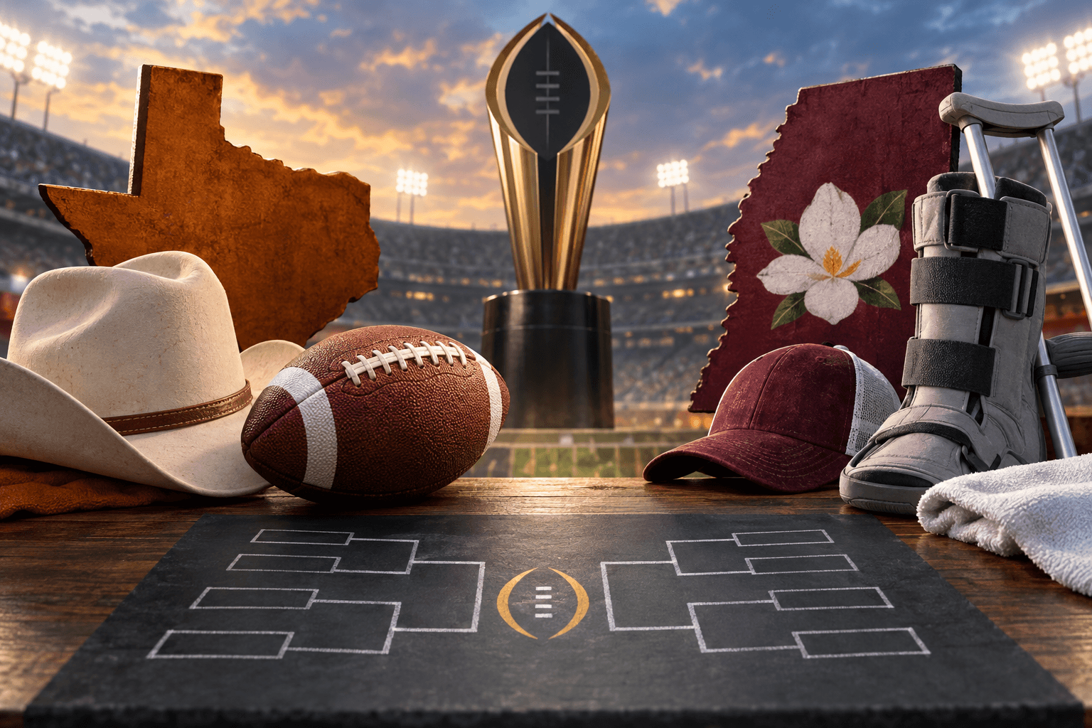 AI-generated illustration accompanying the story: Texas-Mississippi State matchup, Big 12 playoff picture take center stage