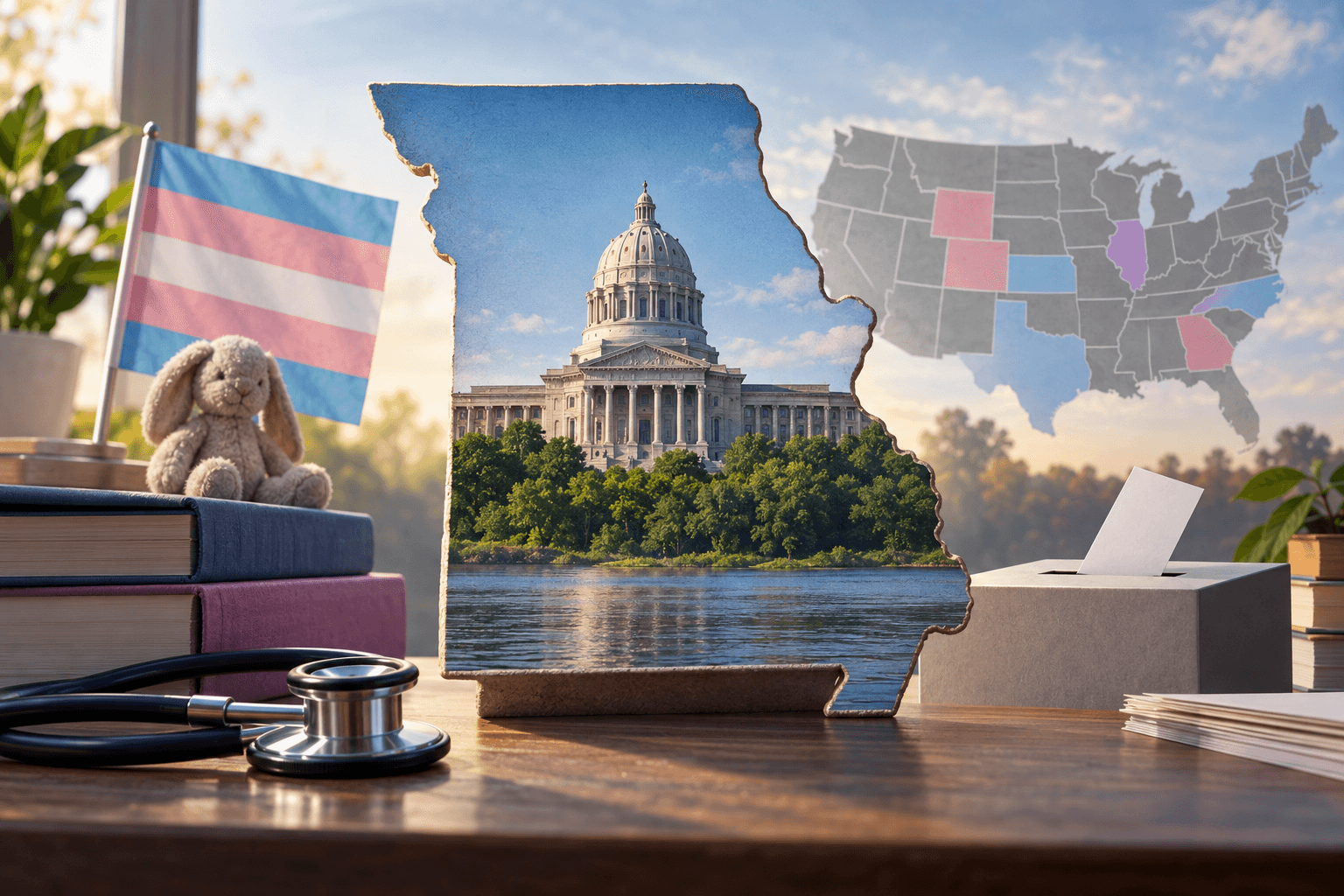 AI-generated illustration accompanying the story: Missouri Transgender Healthcare Measure Puts Midterm Voters at Center of Statewide Fight